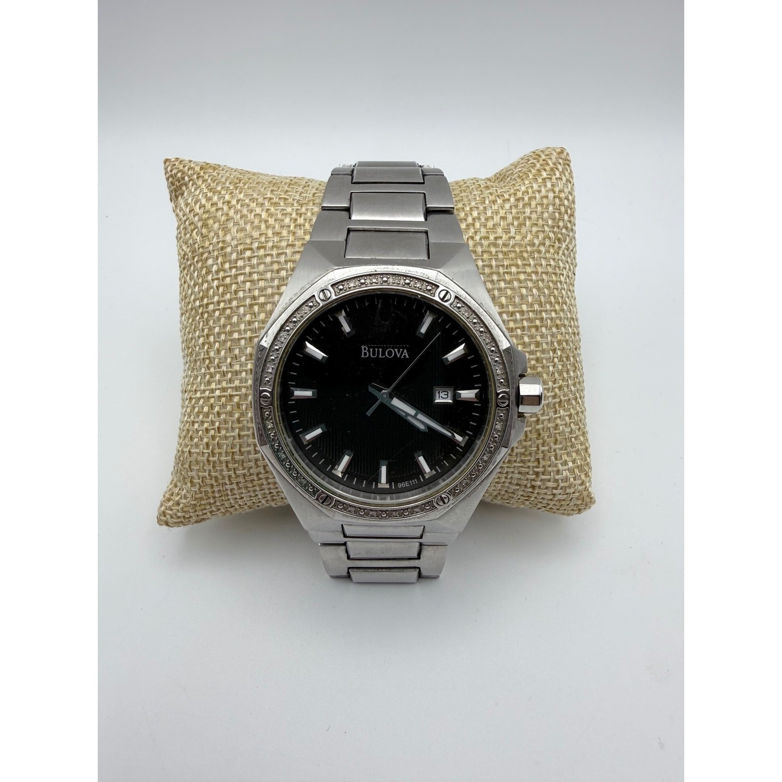 Bulova Stainless Steel Mens Watch Black Dial Date Window Crystal Bezel